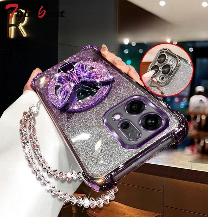 Glitter Butterfly Mirror Crystal Bracelet Case For OPPO Reno 14 13 12 11 10 Pro Plus Shockproof Plating Silicone Cover