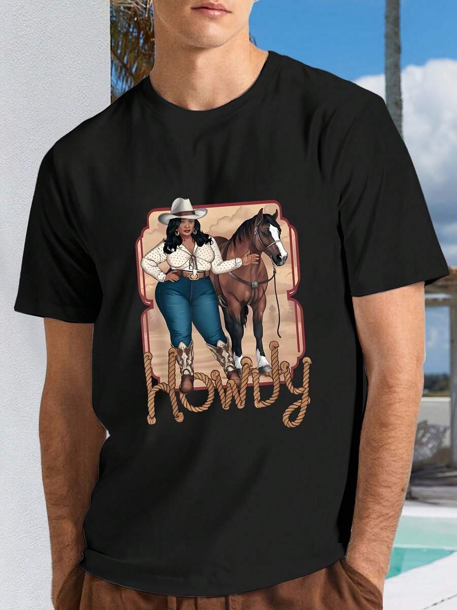 

Unisex Western Boots Graphic T-Shirt, Black White Casual Round Neck Tee S