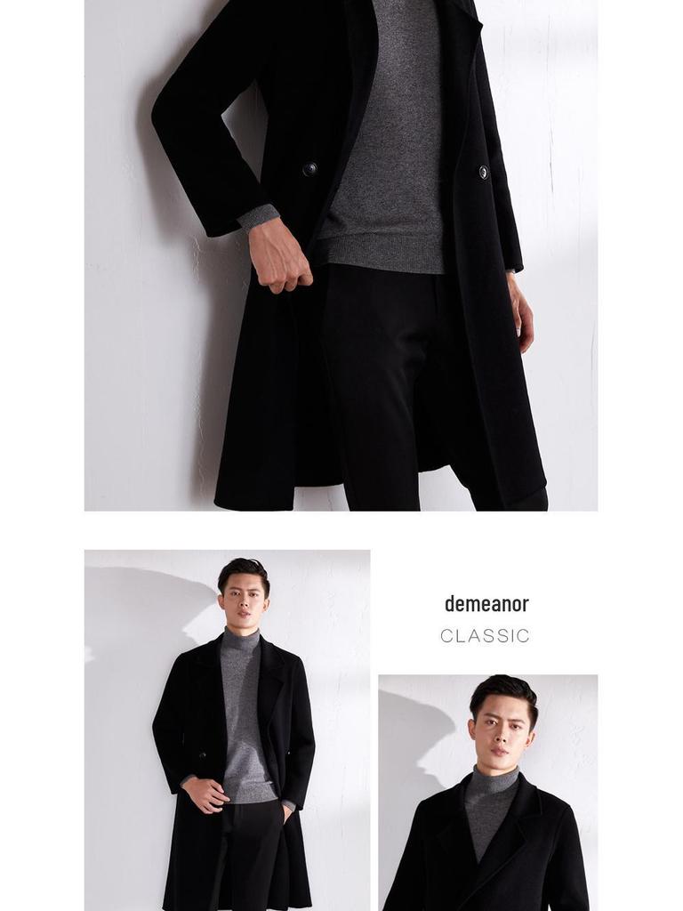 Men's Mid-Length Double-Faced Wool Cashmere Overcoat with Suit Collar