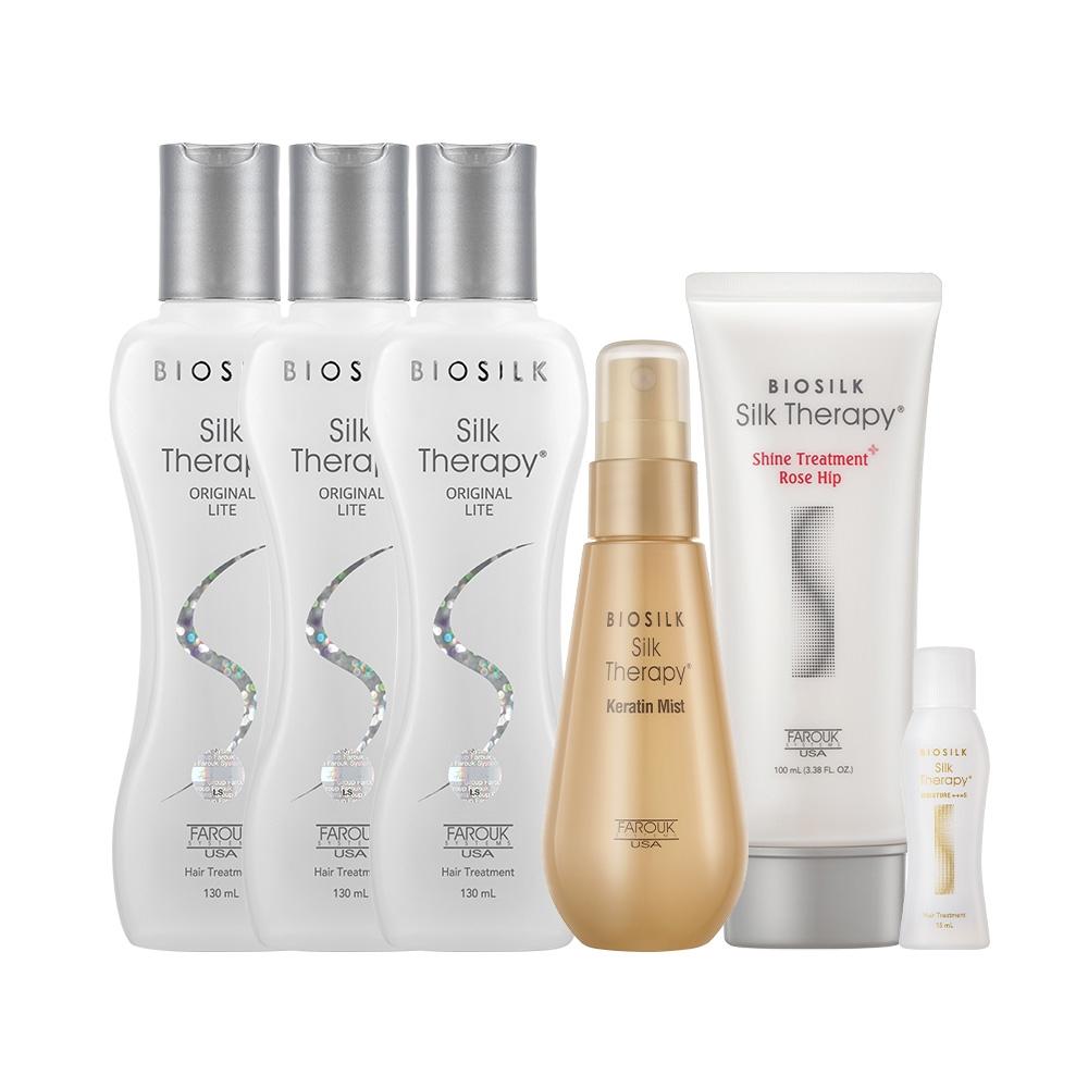 

Silk Therapy Original Light Essence 130 мл 3 упаковки + кератиновый уход без мытья 60 мл + увлажняющая эссенция 15 мл + шиповник 100 мл Essence 130ml 3 packs+3 types