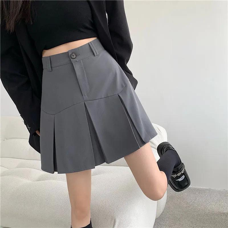 Women's Gray High Waist Pleated Mini Skirt Casual A-Line Suit Skirt
