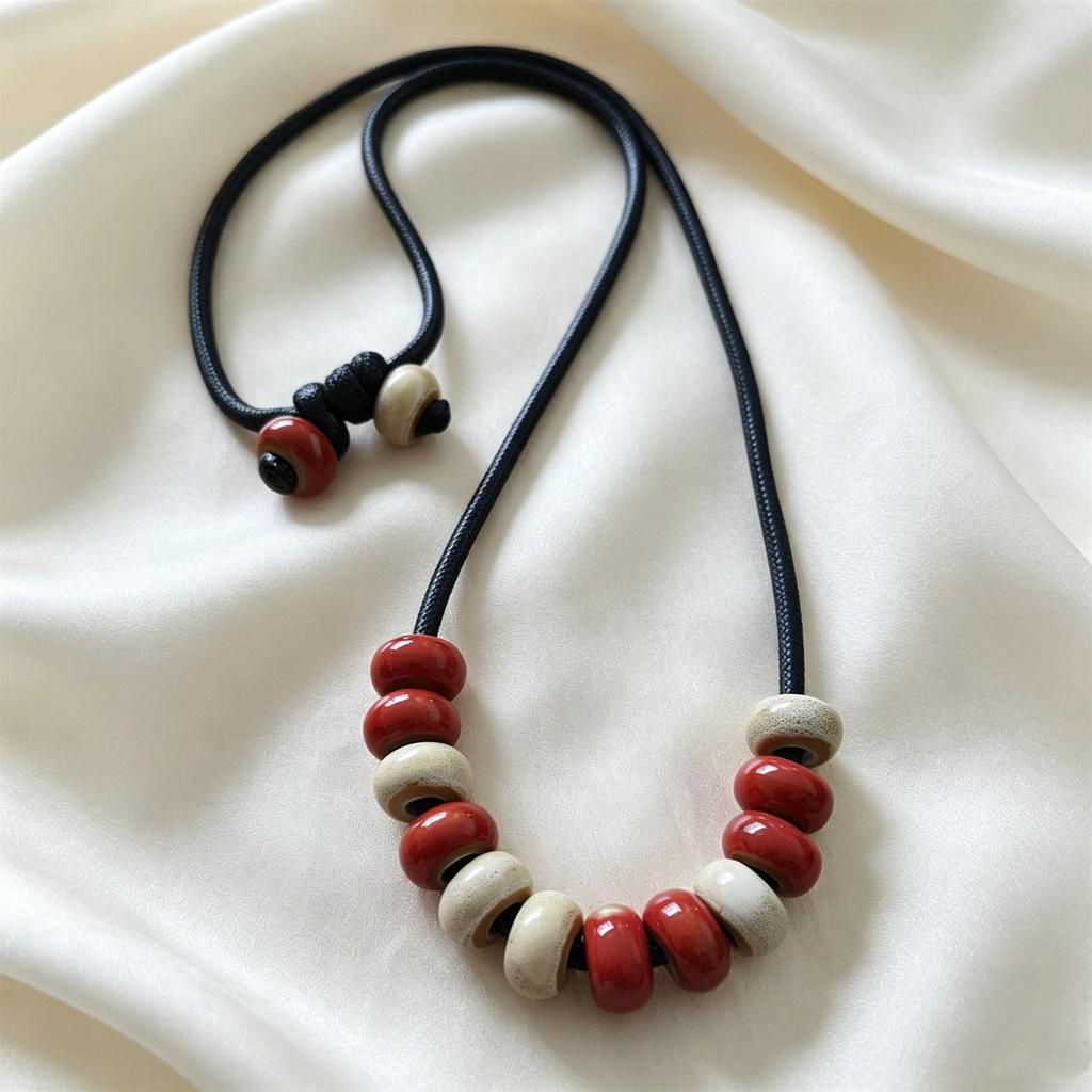 Adjustable Ceramic Color Block Bead Necklace - Ethnic Style, Fade-Resistant, Versatile Fashion Chain