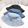 Foldable Women's Bucket Hat Rose Embroidered Beach Sun Hat Breathable Denim Fisherman Hat  Summer