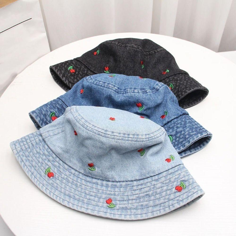 Foldable Women's Bucket Hat Rose Embroidered Beach Sun Hat Breathable Denim Fisherman Hat Summer