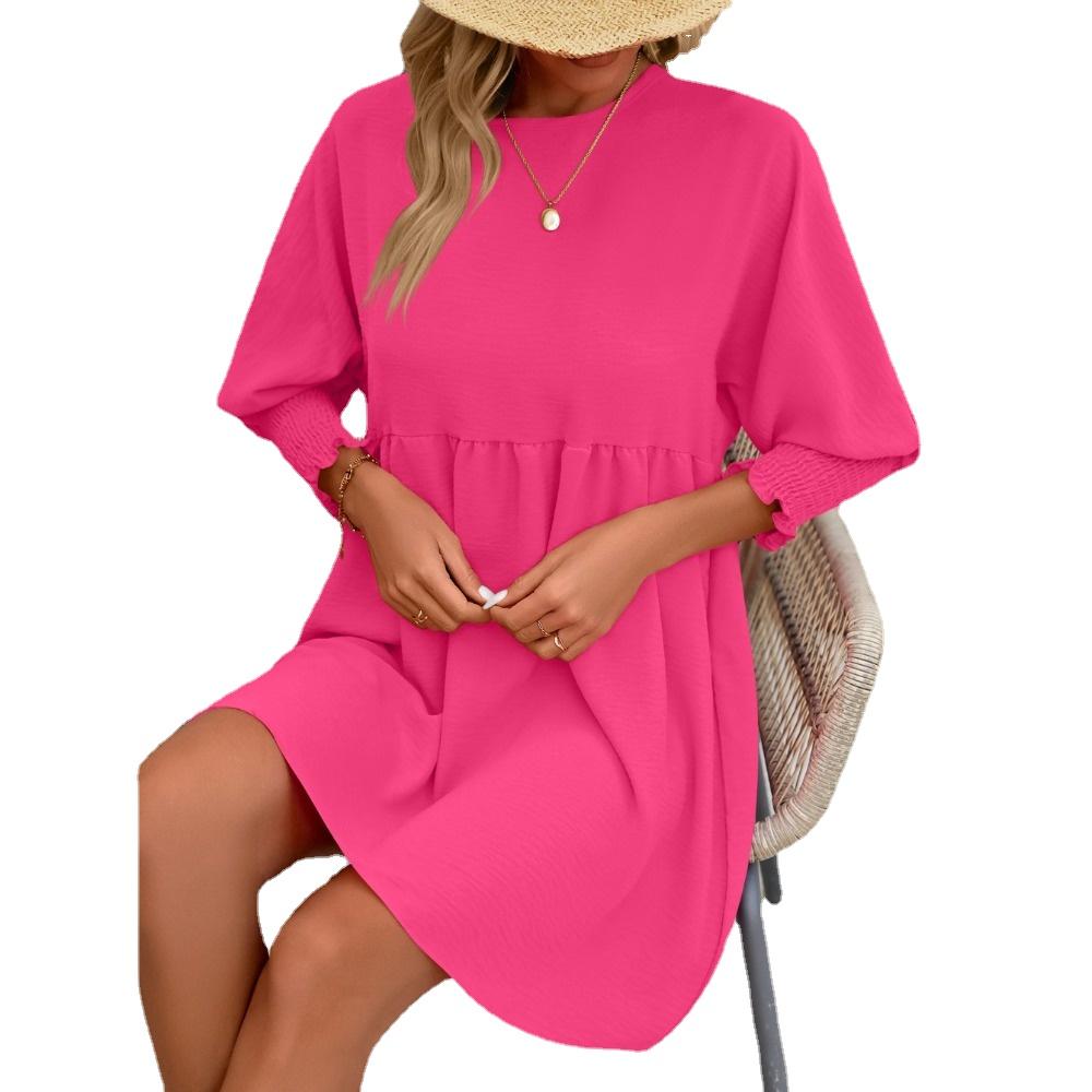 IHUASU Summer Solid Color Print Ladies Sweet Loose 1/2 Sleeves O-Neck Batsleeve Dress