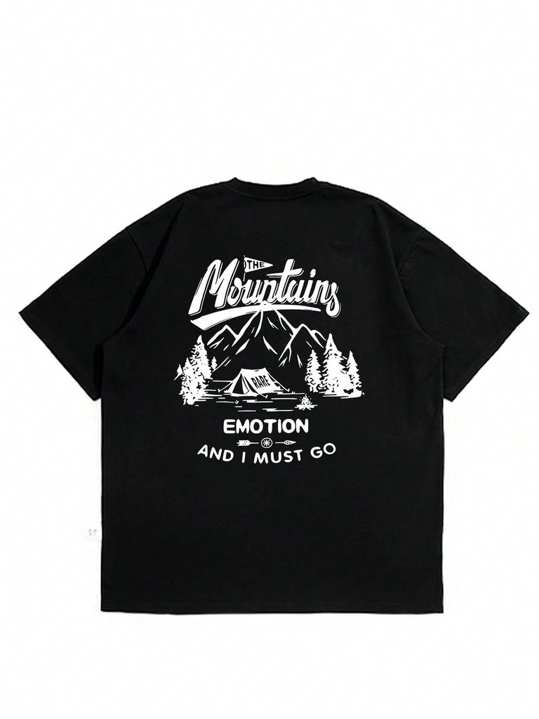 Men's Summer Slogan & Mountains Print Round Neck Short Sleeve Casual T-Shirt