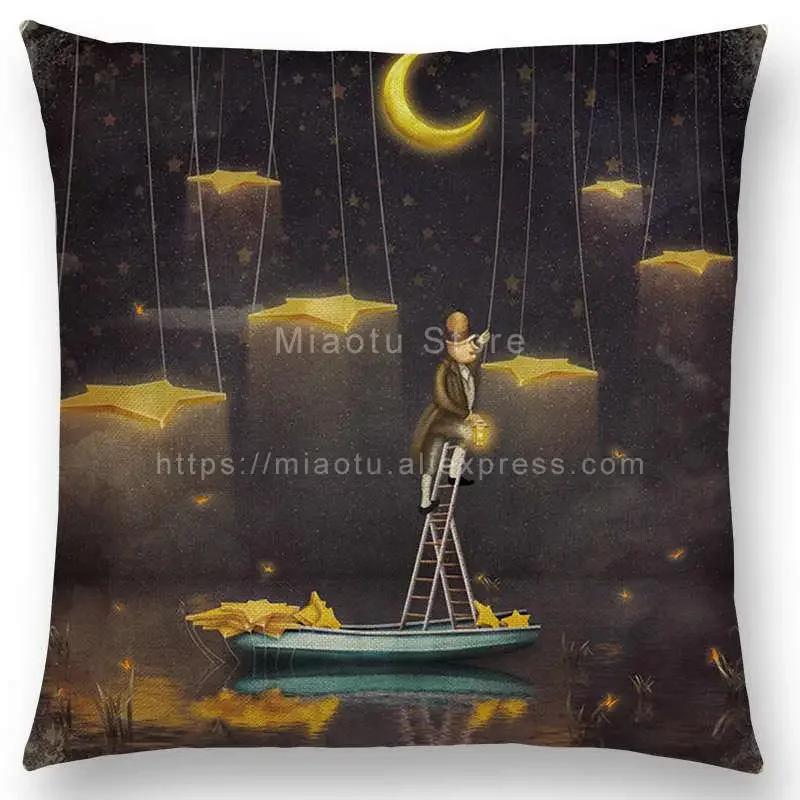 Latest Mysterious Imagine Animals Cushion Cover Forest Raven Fantasy Clouds Sky Moon Stars Earth Dream Girl Prints  Pillow Case