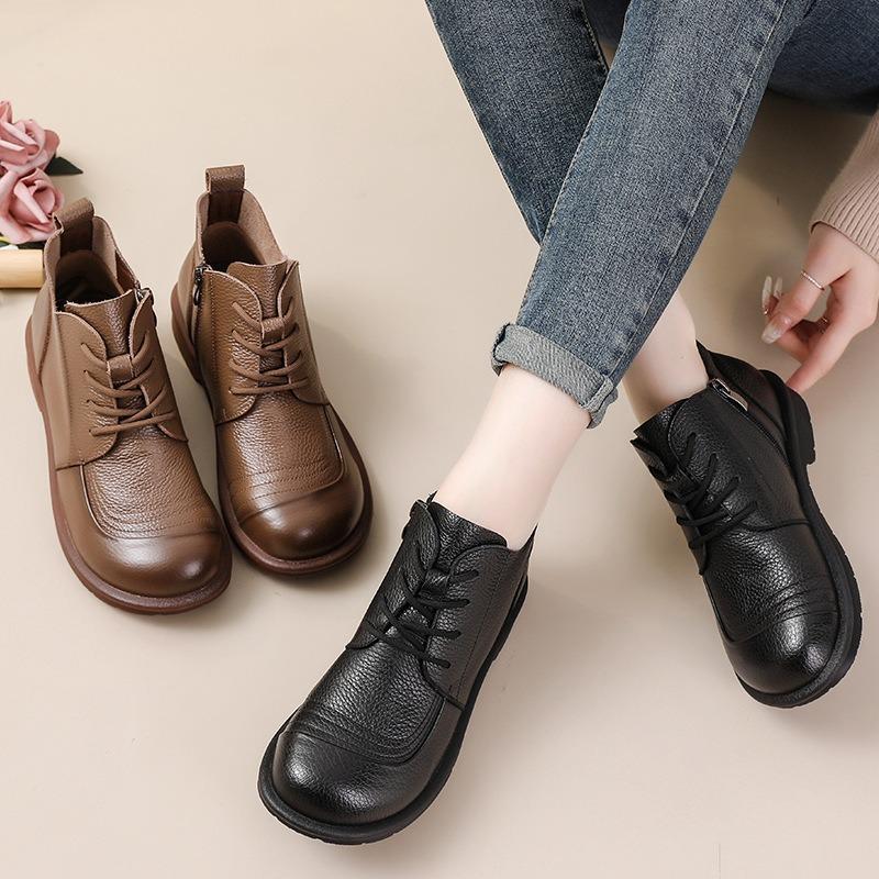 First Layer Cowhide New Versatile Single Boots Velvet Low Heel Short Boots Retro Leather Round Head Women's Boots