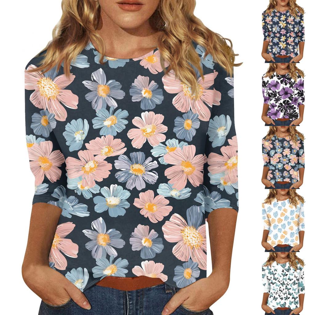 Women's Fashion Casual Round Neck 3/4 Sleeve Printed T-Shirt Ladies Top