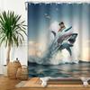 Funny Shower Curtains Cat Riding Shark Ocean Birds Sea Waves Cool Fun Bath Curtain Polyester Fabric Kids Bathroom Decor