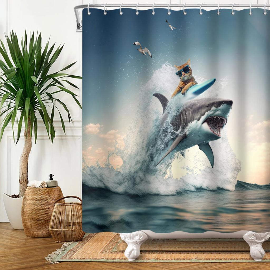Funny Shower Curtains Cat Riding Shark Ocean Birds Sea Waves Cool Fun Bath Curtain Polyester Fabric Kids Bathroom Decor