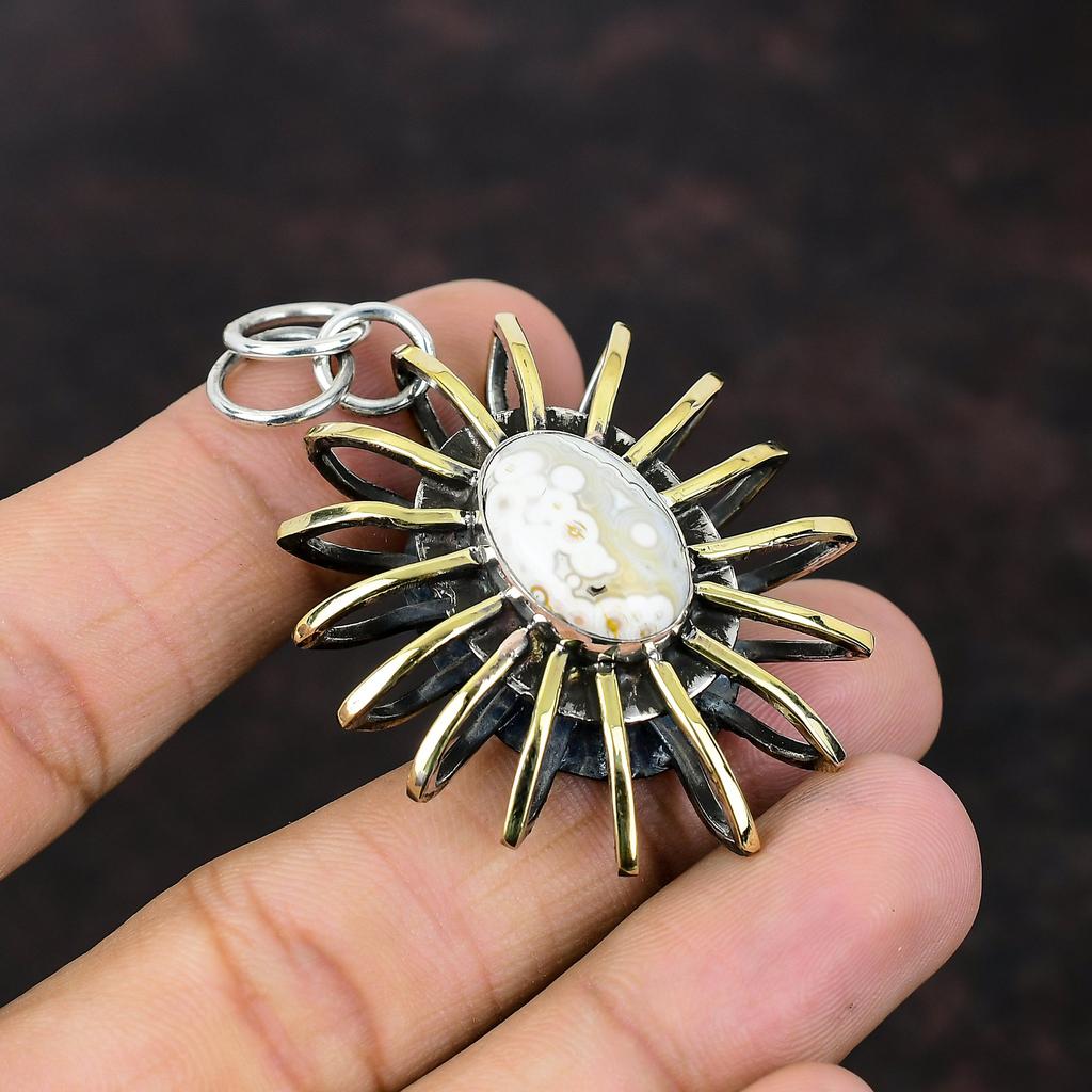 Ocean Jasper Pendant 925 Sterling Silver Pendant Handmade 18K Gold Plated Pendant Gemstone Jewelry Cage Pendant Gift For Her Elegant Jewelry