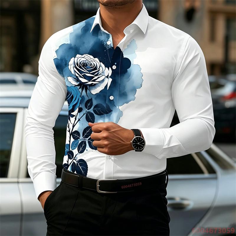 Men's Shirt with Retro Artistic Floral Print, Stylish Lapel, Long Sleeves, Business Casual, Trendy and Individualistic Style.