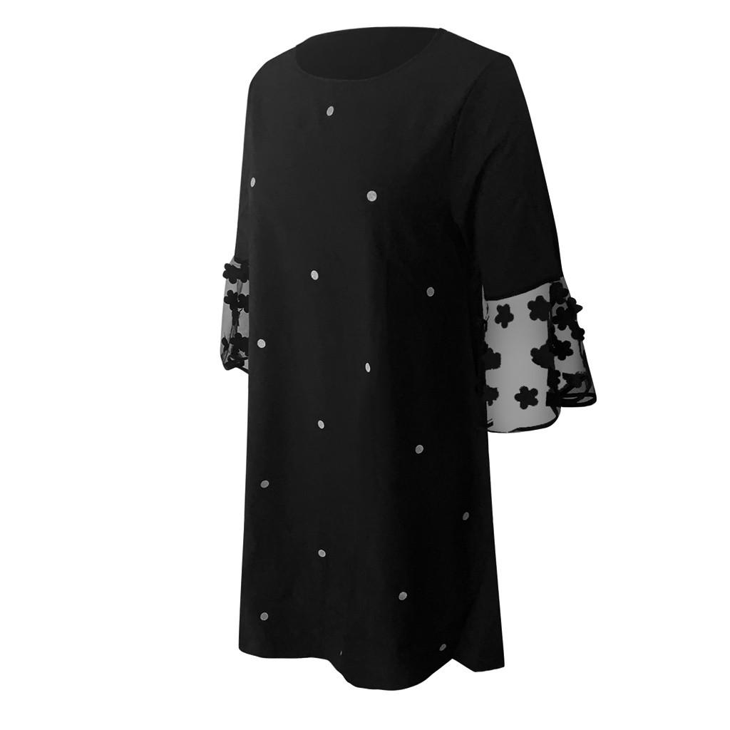 Fashion Women Sexy Wave Solid Point  Spliced Hollow Out Long Sleeve Dress