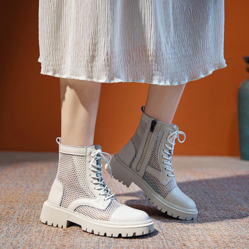 Letnie Botki Damskie Skóra Naturalna Siateczka Chłodzące Botki Gruba Podeszwa Oddychające Buty Damskie Wycinane Siateczkowe Krótkie Botki Sandały