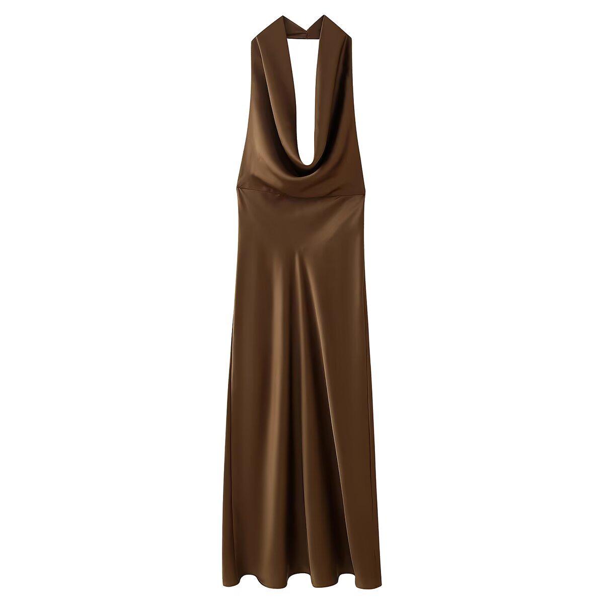 

Женское весеннее платье миди из шелкового атласа с открытой спиной в европейском и американском стиле 2025 S темно-коричневого