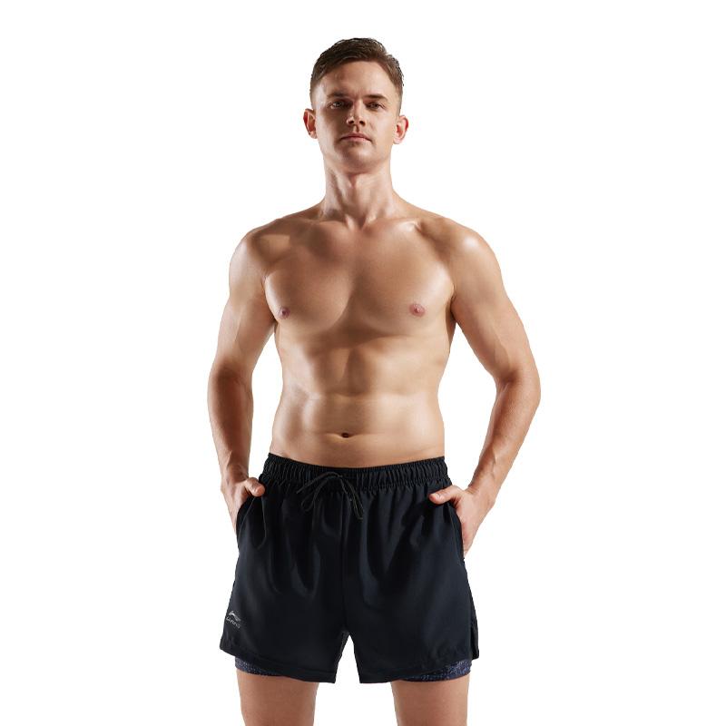 Li Ning Solid Color Mid Waist Drawstring Comfortable Breathable Versatile Loose Fit Five Point Sports Shorts Men Shorts Black LSKV328-1