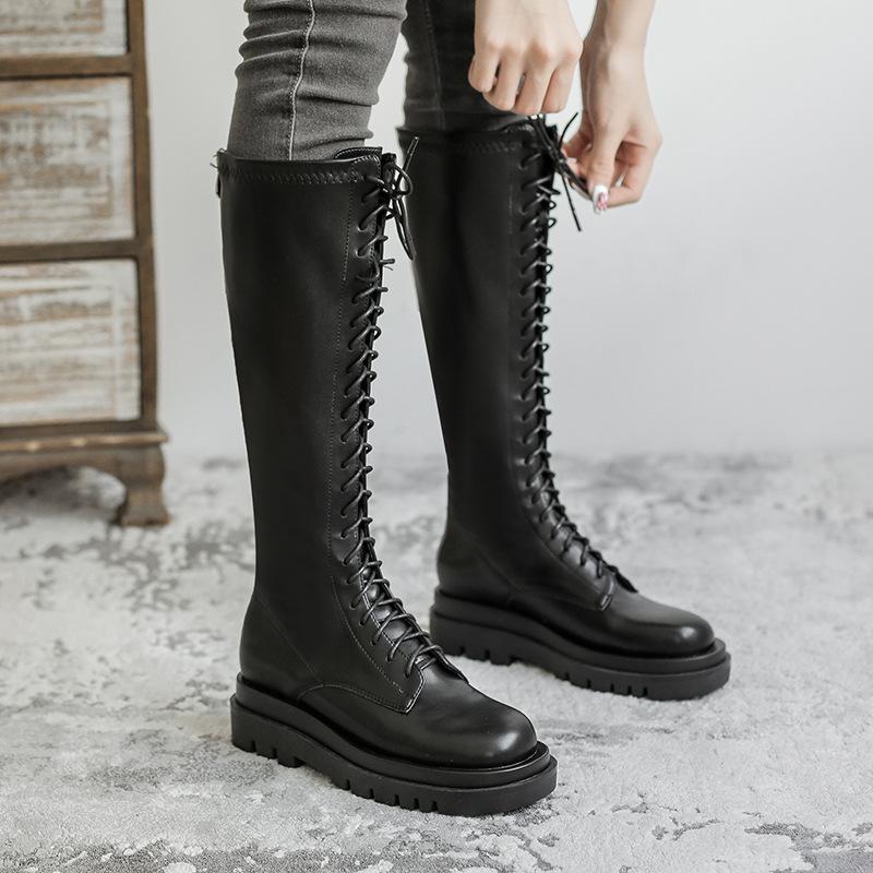 Martin Boots Black Thick-soled Slim Lace-up High Boots Long Knight Boots Women's Autumn and Winter
