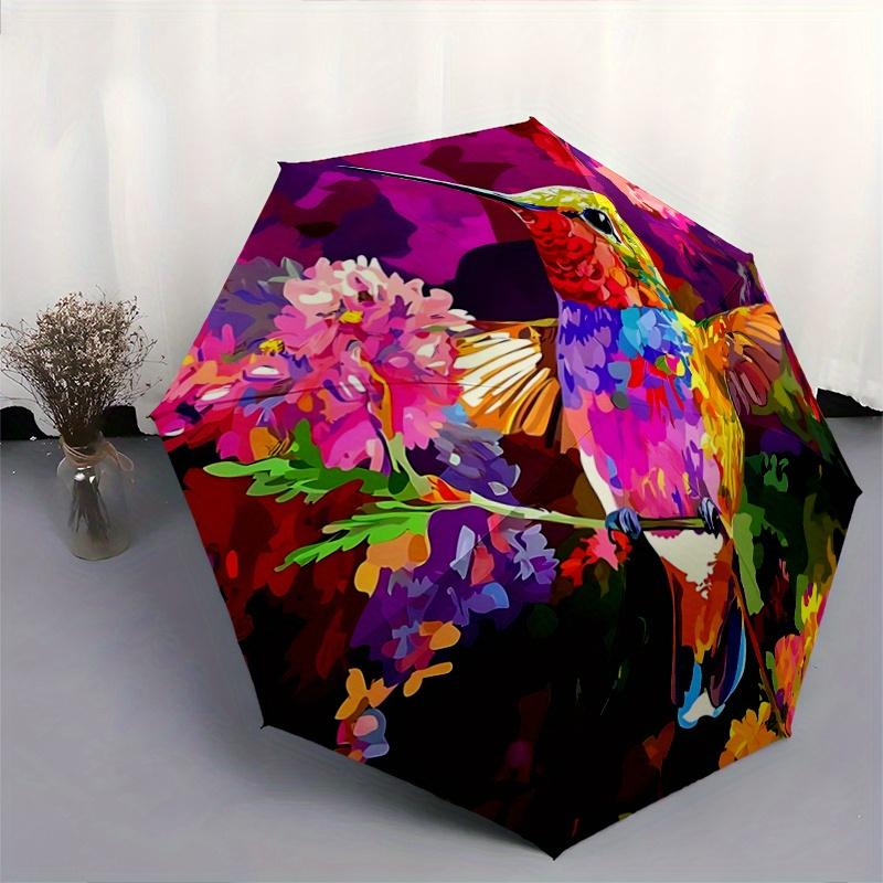 1pc Hummingbird In a Vibrant Garden Automatic Opening and Closing Umbrella, Lightweight 3-Fold, With Cute Cartoon Characters, Suitable for Home,