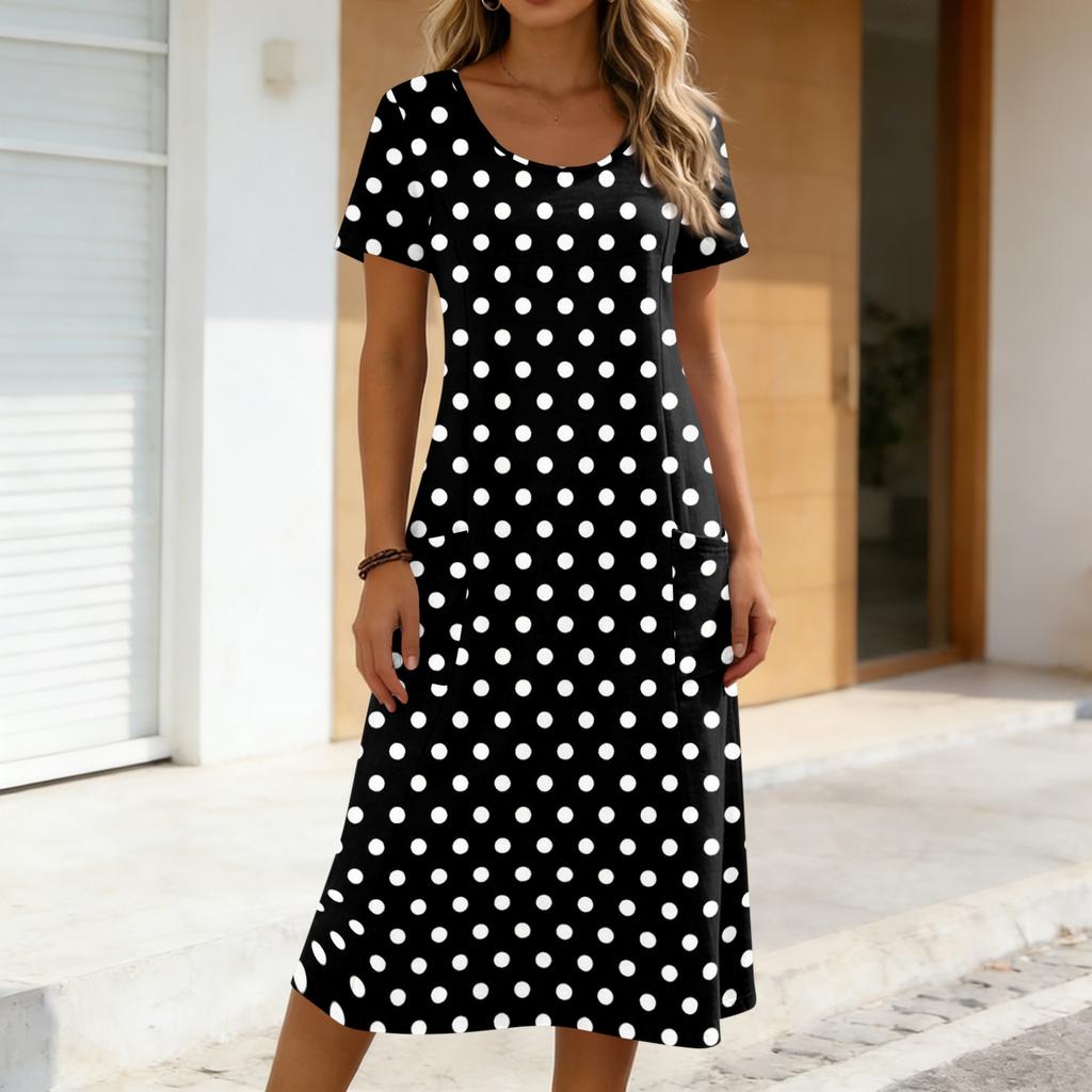 Women’s Short Sleeve Polka Dot Midi Dress with Scoop Neck and Side Pockets Casual Loose Fit Soft Fabric Design