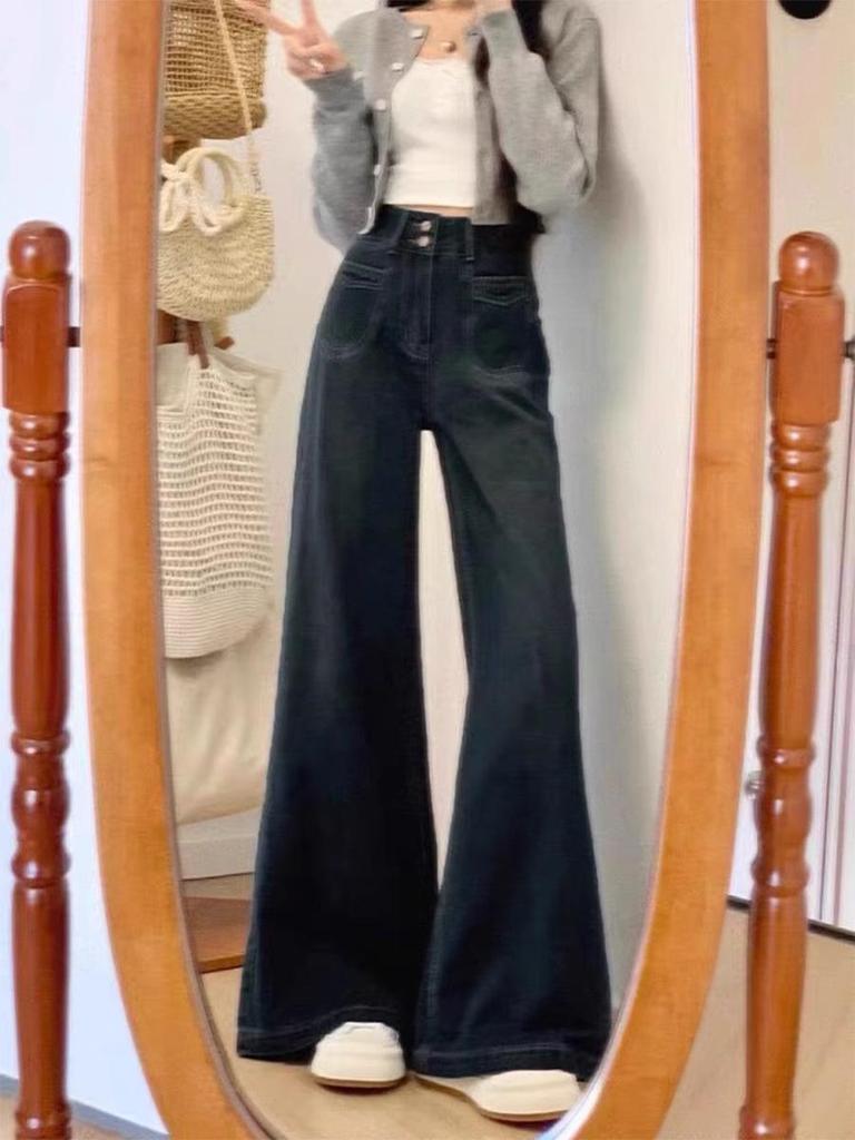 Plus Size Retro High-Waist Wide-Leg Jeans for Women - Slimming, Loose Fit, Floor-Length for Pear-Shaped Body, Spring/Autumn.