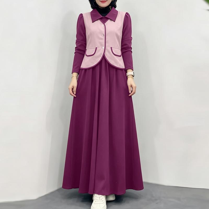 ZANZEA Women Casual Turn Down Collar Long Sleeve Patchwork Long Dress S кларет