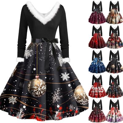 Vestidos casuales de mujer con cuello en V y estampado navideño de felpa
