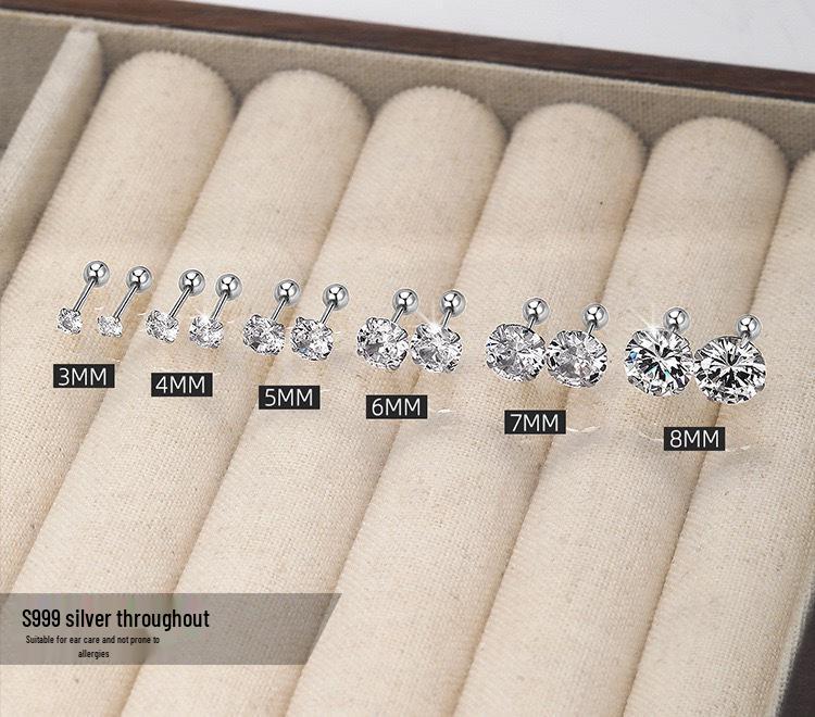 Beixi S999 Sterling Silver Screw Back Rhinestone Stud Earrings, Various Sizes Zirconia Piercing Care. Solid Sterling Silver
