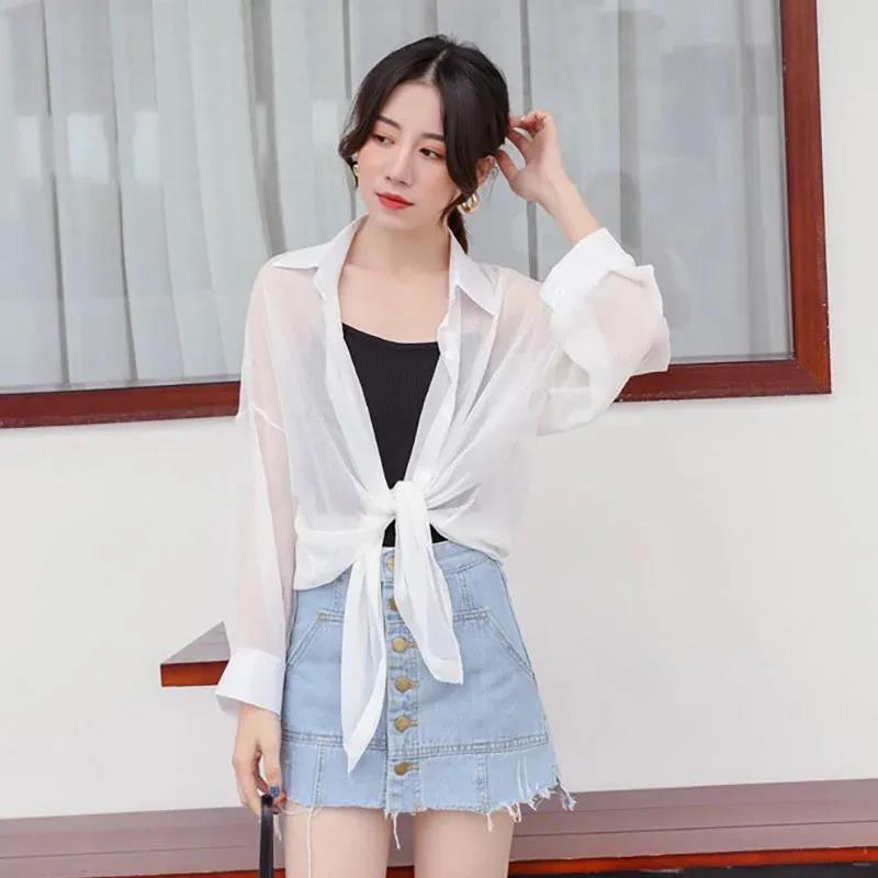 Sunscreen Chiffon Shirt Female Summer Coat Korean Version  Thin Section  Blouse Loose Air-conditioned Shirt Tide Womens Tops White Polo Collar Shirt