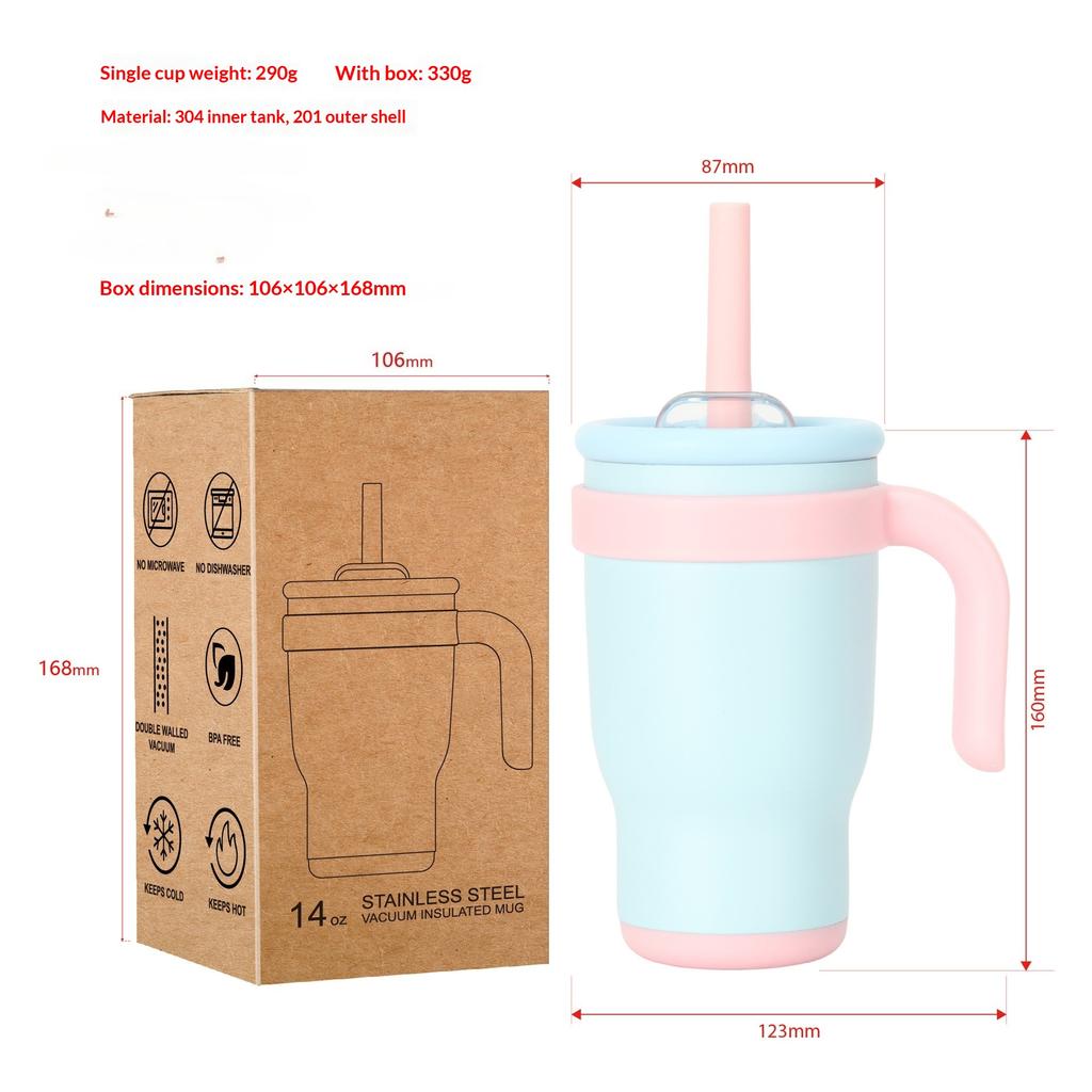 14oz Straw Car Cups Contrasting Color Children's Student Thermos Cup Stainless Steel Water Cup Handle CarCup