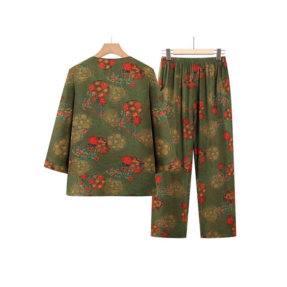 Plus Size Cotton Linen Floral Suit - Two-Piece Homewear Set for Middle-Aged & Elderly Women