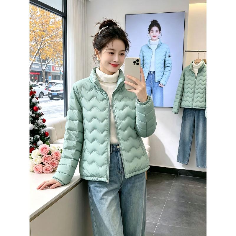 Light and short cotton-padded clothes for women's winter new slim-fitting and thin stand-up collar warm jacket pink, blue, green, red.