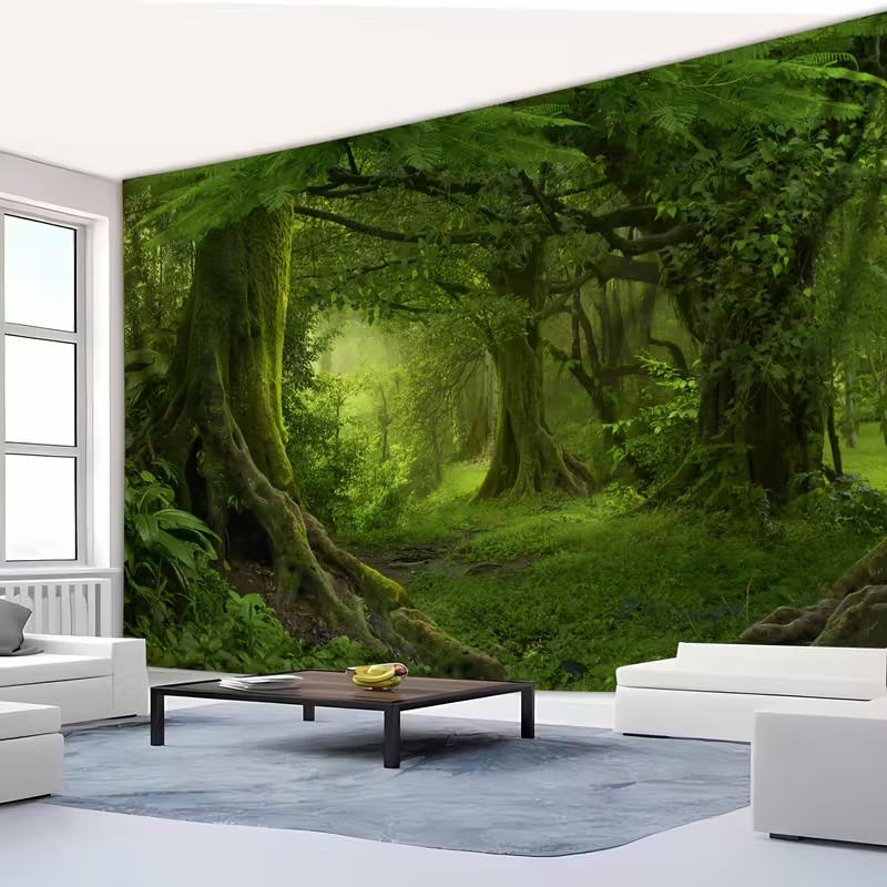 2D Green Rainforest Tapestry, Lush Forest Wall Hanging for Home Decor