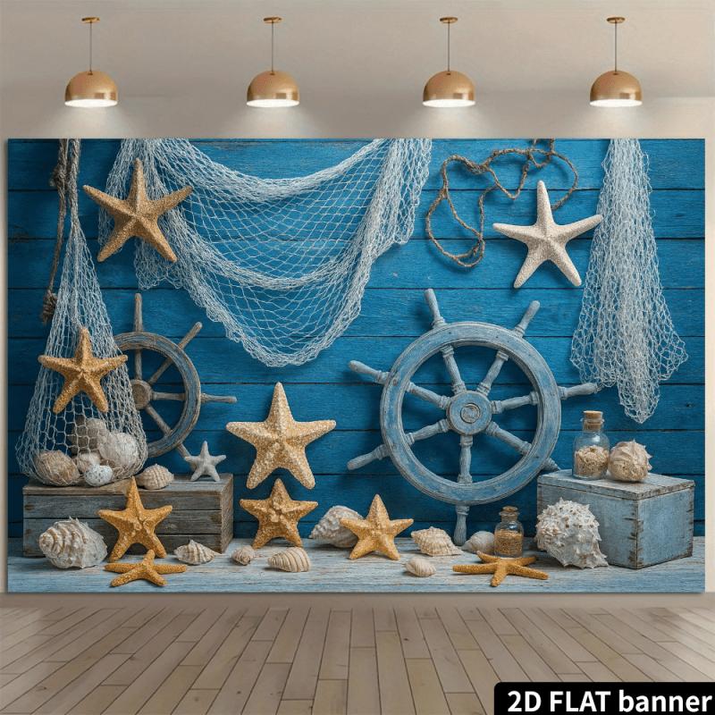 2D Nautical Theme Wall Tapestry 2D Flat Banner Sea Shell Starfish Ship Wheel Ocean Decor Beach House Living Room