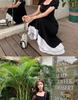 2026 Summer Black Swan Color Block A-line Little Black Dress with Short Sleeves - Hepburn Style