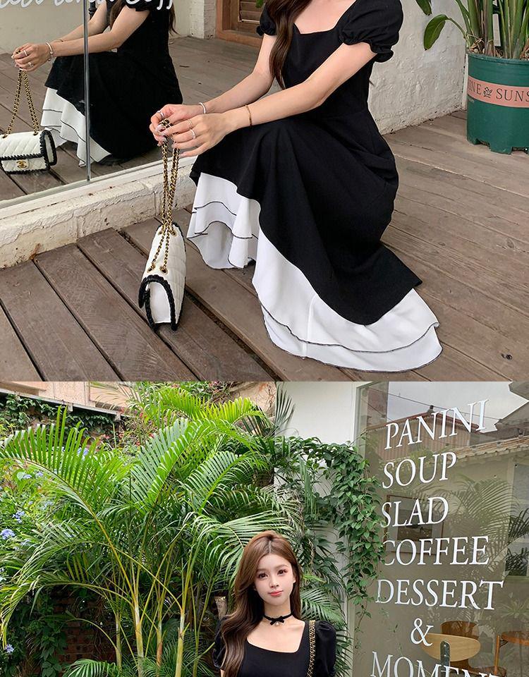 2026 Summer Black Swan Color Block A-line Little Black Dress with Short Sleeves - Hepburn Style
