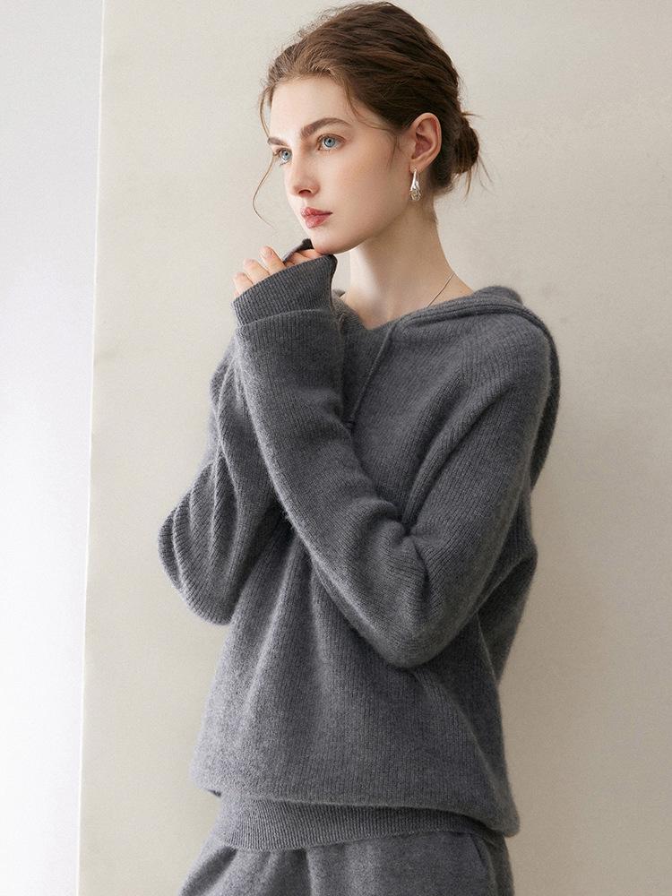 Women's Loose Hooded Cashmere Sweater - 2026 Autumn/Winter Ribbed Raglan Sleeve Knit Pullover