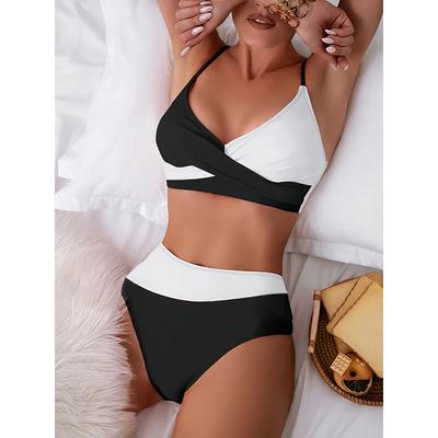 High Waist Bikini Women's Two-Piece Swimsuit Color Block Sexy Gathered Crossbody Swimming Suit