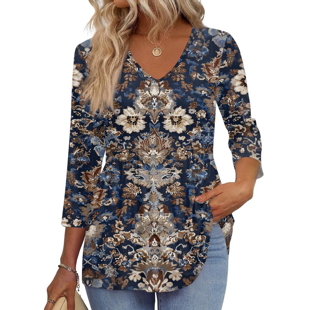 Women's T Shirt Print 3/4 Sleeve Fashion Basic V- Neck Regular Top