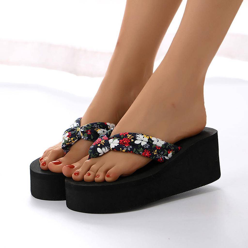 Hot Women Shoes Summer Fairy Style Sandals Women Wedge Heel Thick Bottom Floral Flip Flops Beach Flip Flops Zapatos De Mujer