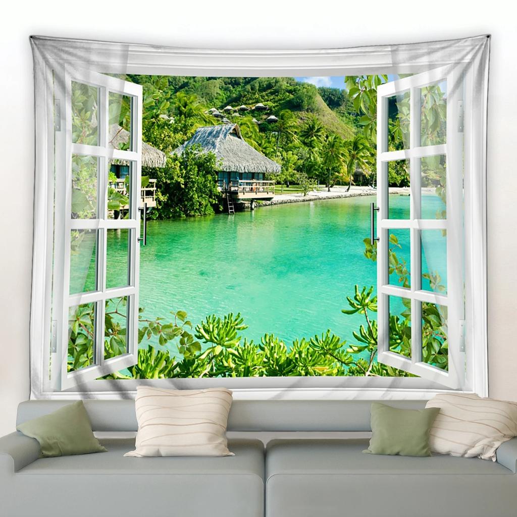 Arazzo Paesaggio Parco Fiorito Erba Verde Fiori Fiume Oceano Palme Scenari Naturali Decorazione Giardino Casa Panno da Appendere a Parete