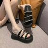 Wear round head rhinestone thick-bottomed sandals 2025 summer new popular one-word belt casual flat-bottomed tide ins slippers