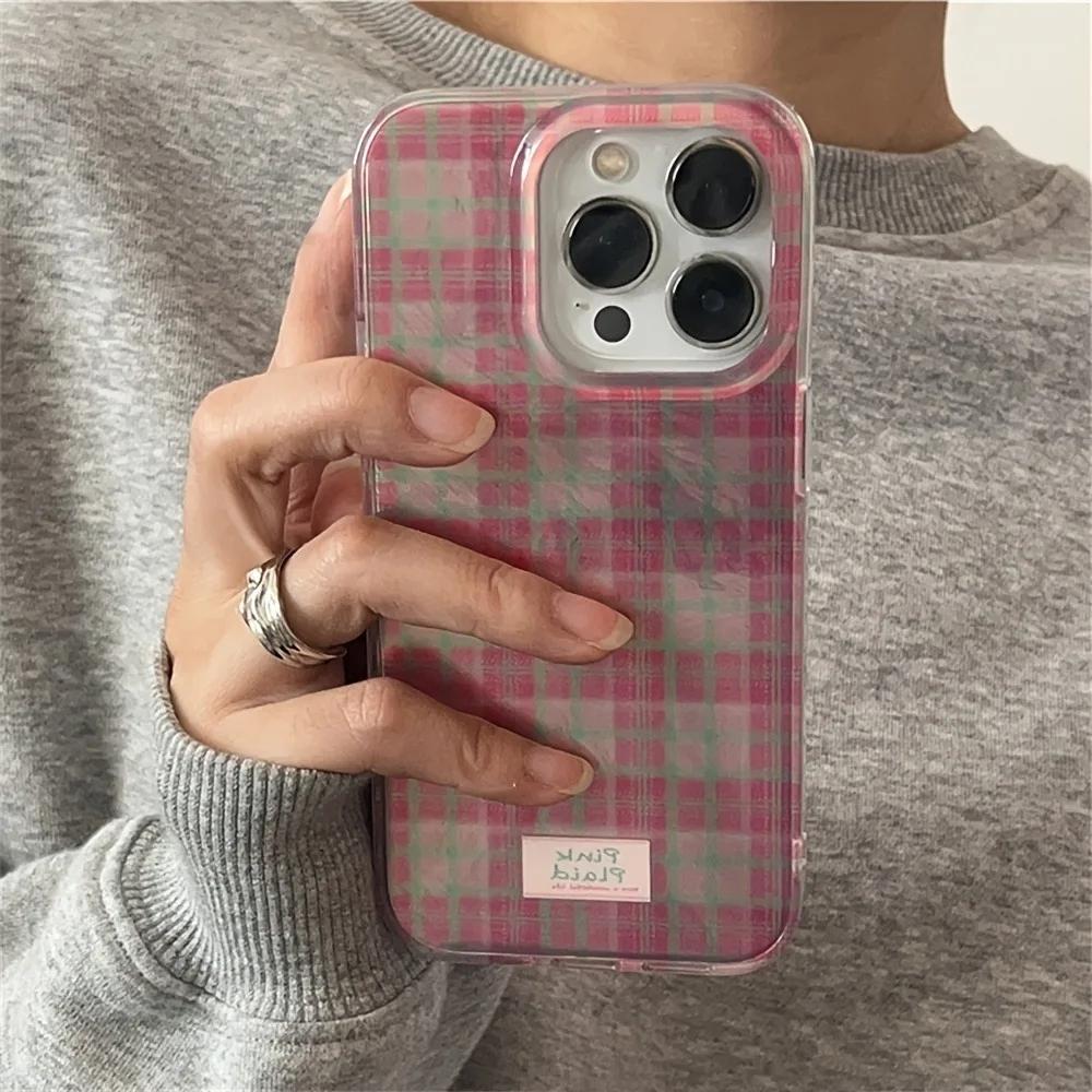Dopamine Color Block Match Plaid Phone Case For iPhone 17 16 15 14 13 12 11 Pro Max Air 16E SE2 7 8 Plus Grid Label Matte Cover