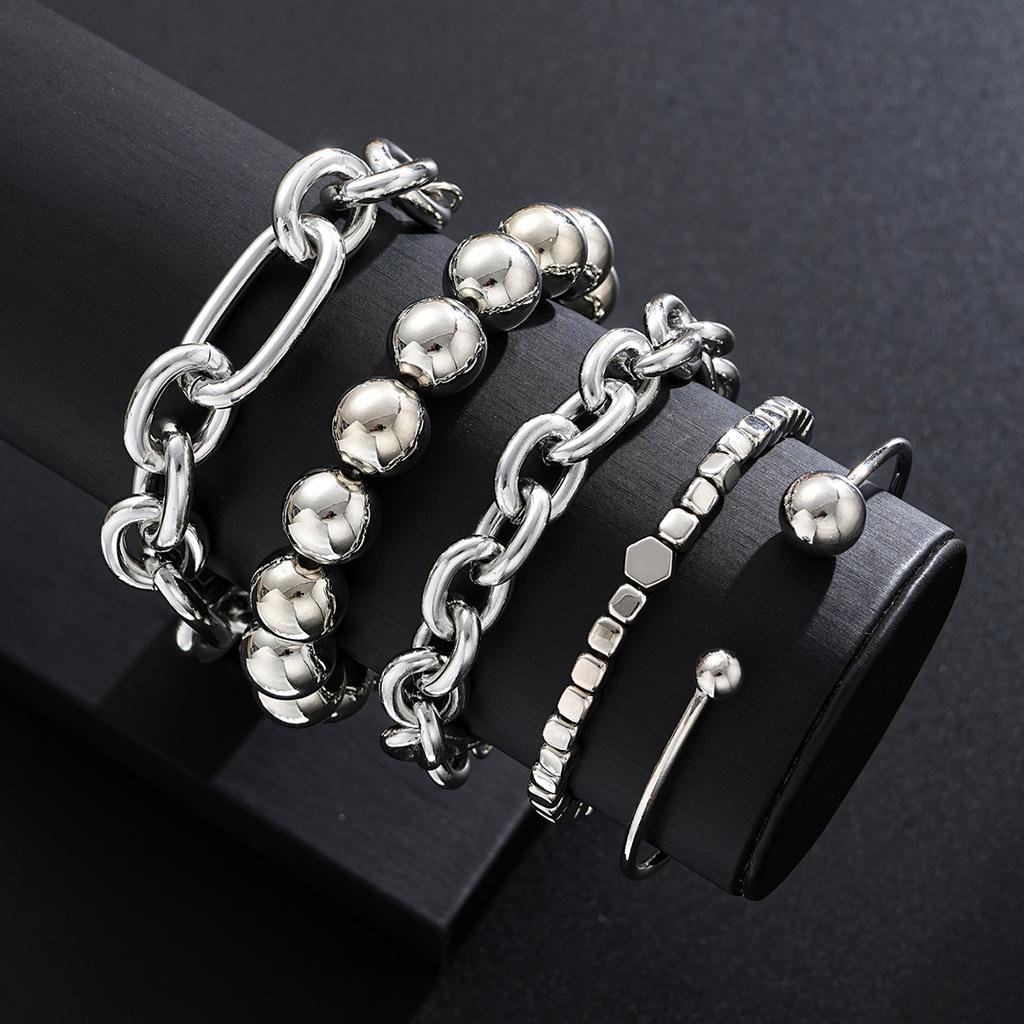 5pcs Simple Punk Silver Color Thick Beads Bracelet Set Vintage Exaggerated Luxury Geometric Design Bangles Vacation Date Jewelry