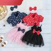 Children's Fashion Suit Spring Summer Girls Polka Dot Bubble Short Sleeve Coat with Halter Bow Tulle Dress Three-piece Suit