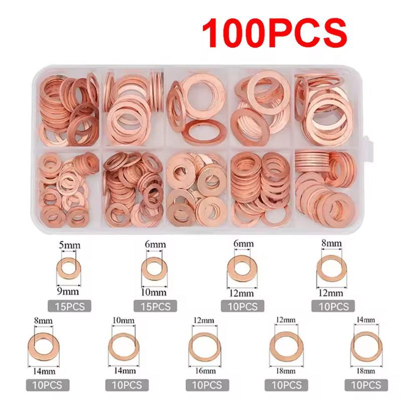 Red Copper Washer Set: 100/200pcs M5-M14 Sealing Gasket Repair Toolbox