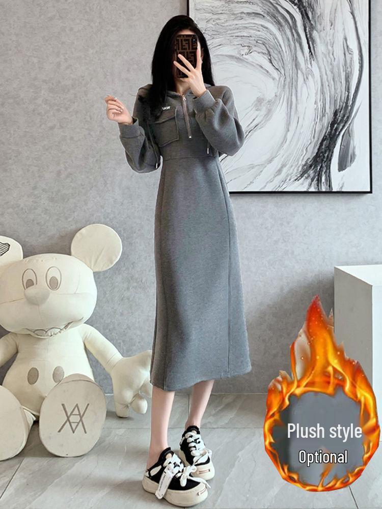 Women s European-Style Grey Hooded Sweatshirt Dress - Textured, Cinched Waist, Slimming, Casual Autumn/Winter Wear XL серый