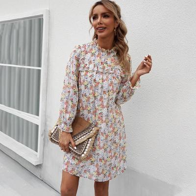 Spring Summer Loose Floral Short Women Casual Ruffles Half High Collar Ladies A Line Oversize Print Dress
