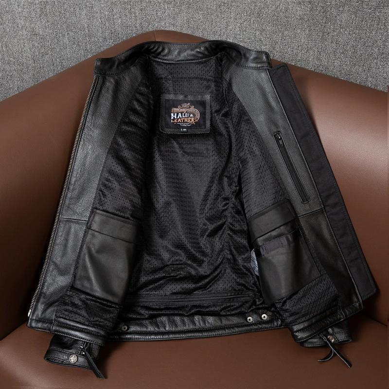 Men Genuine Leather Motorcycle Jacket with Removable Armor Stand Collar Biker Coat for Spring Autumn Riding