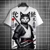 Summer Men's Fashion Casual Print Men's Cat Warrior Guard with Knife Art Print Hooded T-Shirt Round Neck Street T-Shirt Top